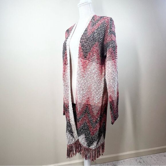 Lucky Brand Chevron Knit Southwestern Knit Fringe Duster Open Front Sweater L - Picture 7 of 13